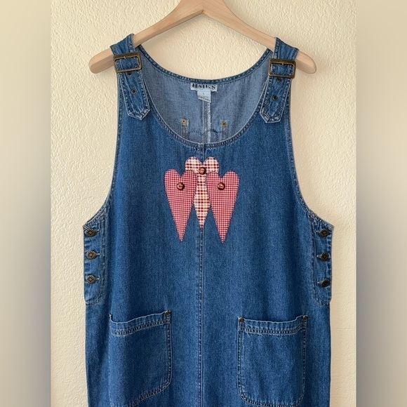 Vintage Haik's Denim Modest Patchwork Hearts Maxi Dress Buckle Straps Sz Large - Picture 5 of 14